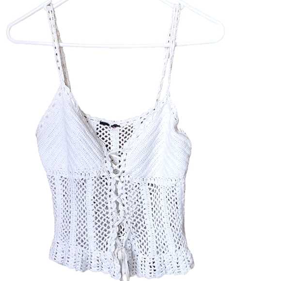 Y2K boho top loose knit lace-up white singlet size 10 - Picture 5 of 10